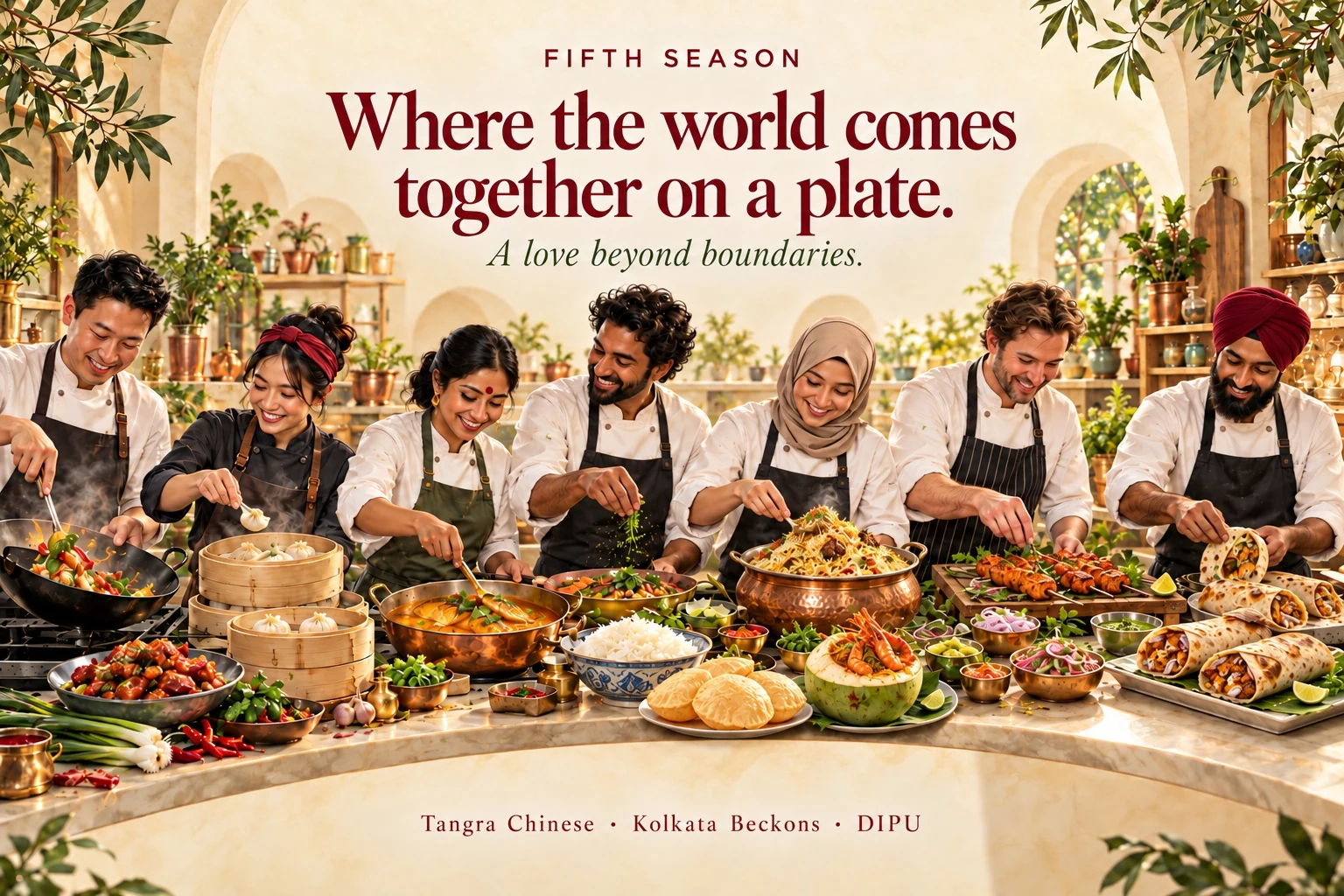 Seven chefs sharing a kitchen, including a Bengali chef with a red bindi and a Punjabi chef wearing a turban. Where the world comes together on a plate. A love beyond boundaries.